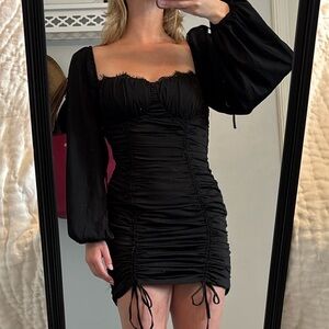 Astr Black Ruched Bodycon Dress with Bishop Sleeves NWT